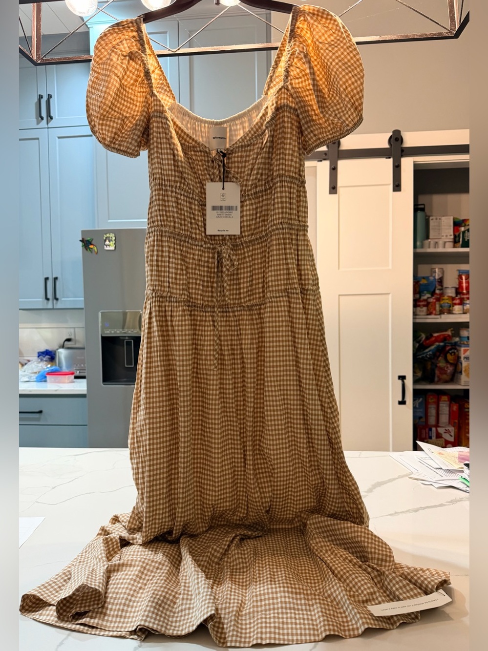 Reformation Gingham Puff-Sleeve Maxi Dress in Camel Check